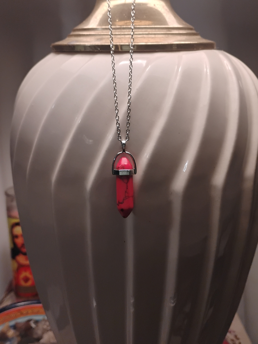 Silver Chain Necklace with Pink Stone Pendant